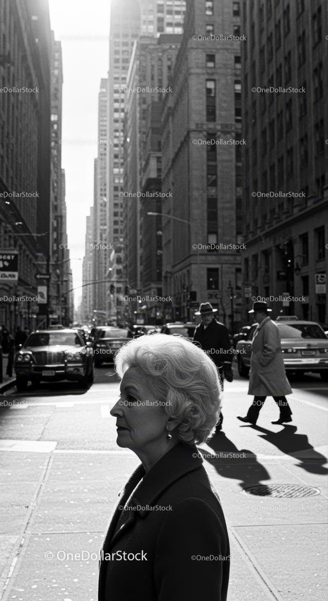 Elderly Woman in Busy City Street Surrounded by Vintage Cars Stock Photo Bundle preview 36
