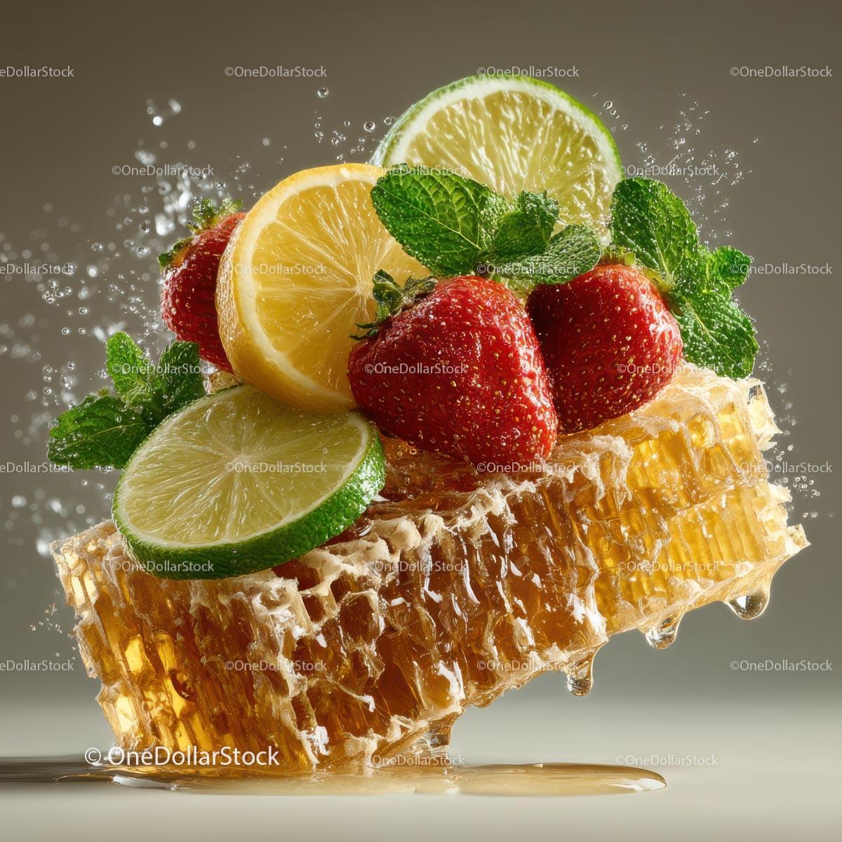 Fresh Honeycomb with Strawberries and Lime Garnish Stock Photo Bundle preview 18