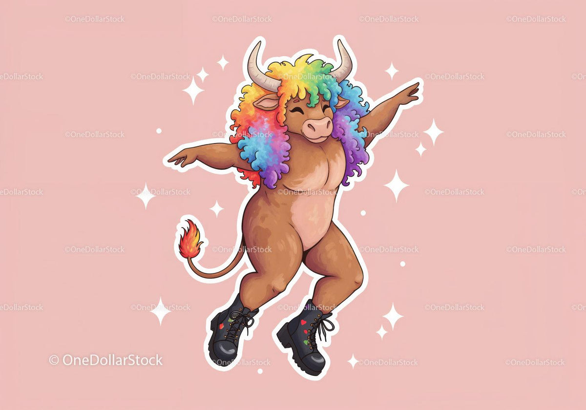 Colorful Cartoon Bull with Rainbow Hair in Funky Streetwear Stock Photo Bundle preview 25