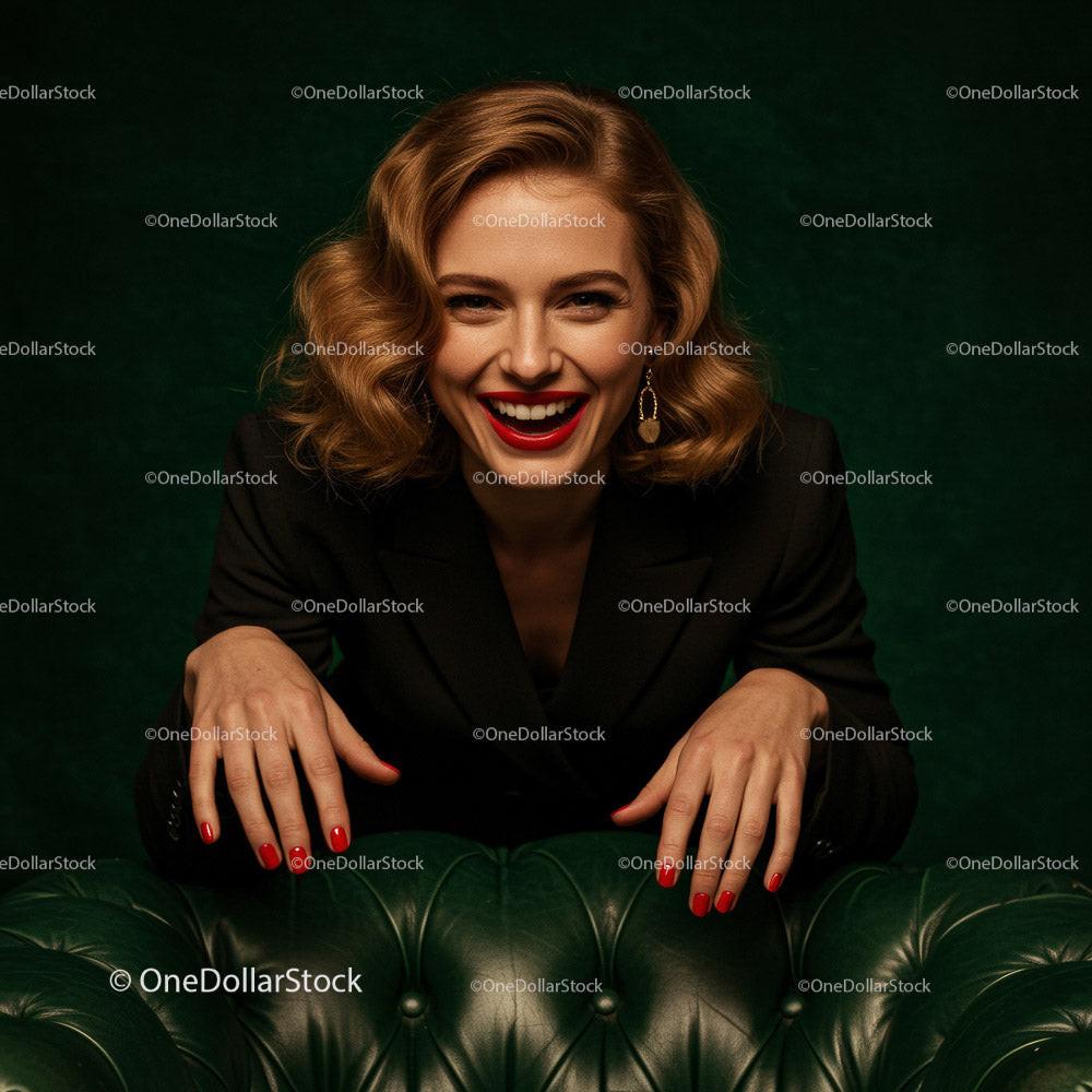 Confident Smiling Woman in Stylish Attire Sitting on Leather Sofa Stock Photo Bundle preview 14