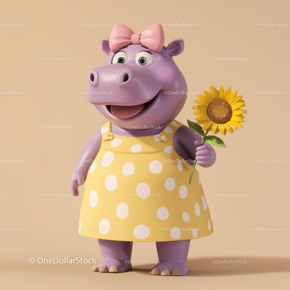Purple hippo cartoon figure in yellow polka dot dress holding sunflower
