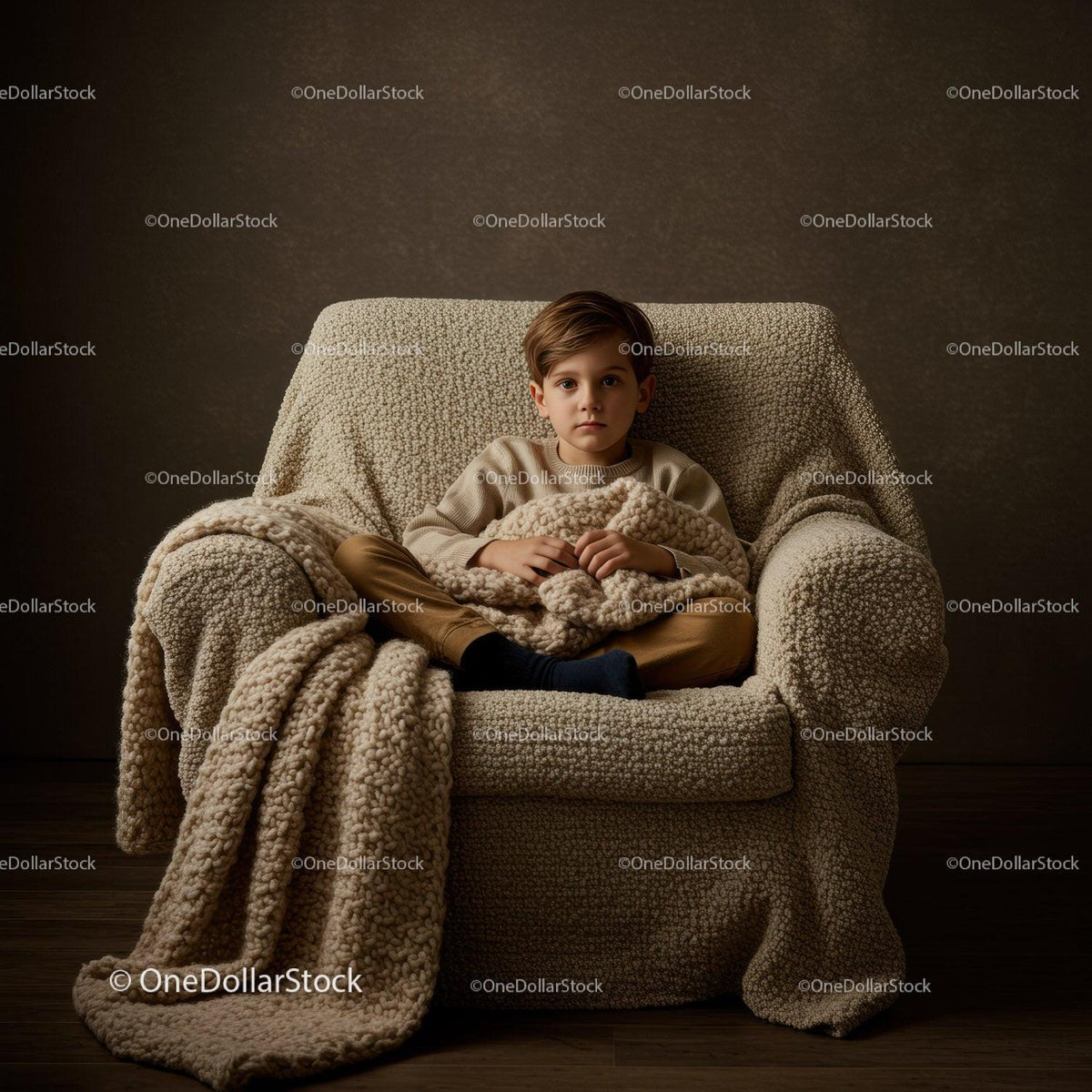 Young boy sitting on cozy armchair with knitted blanket