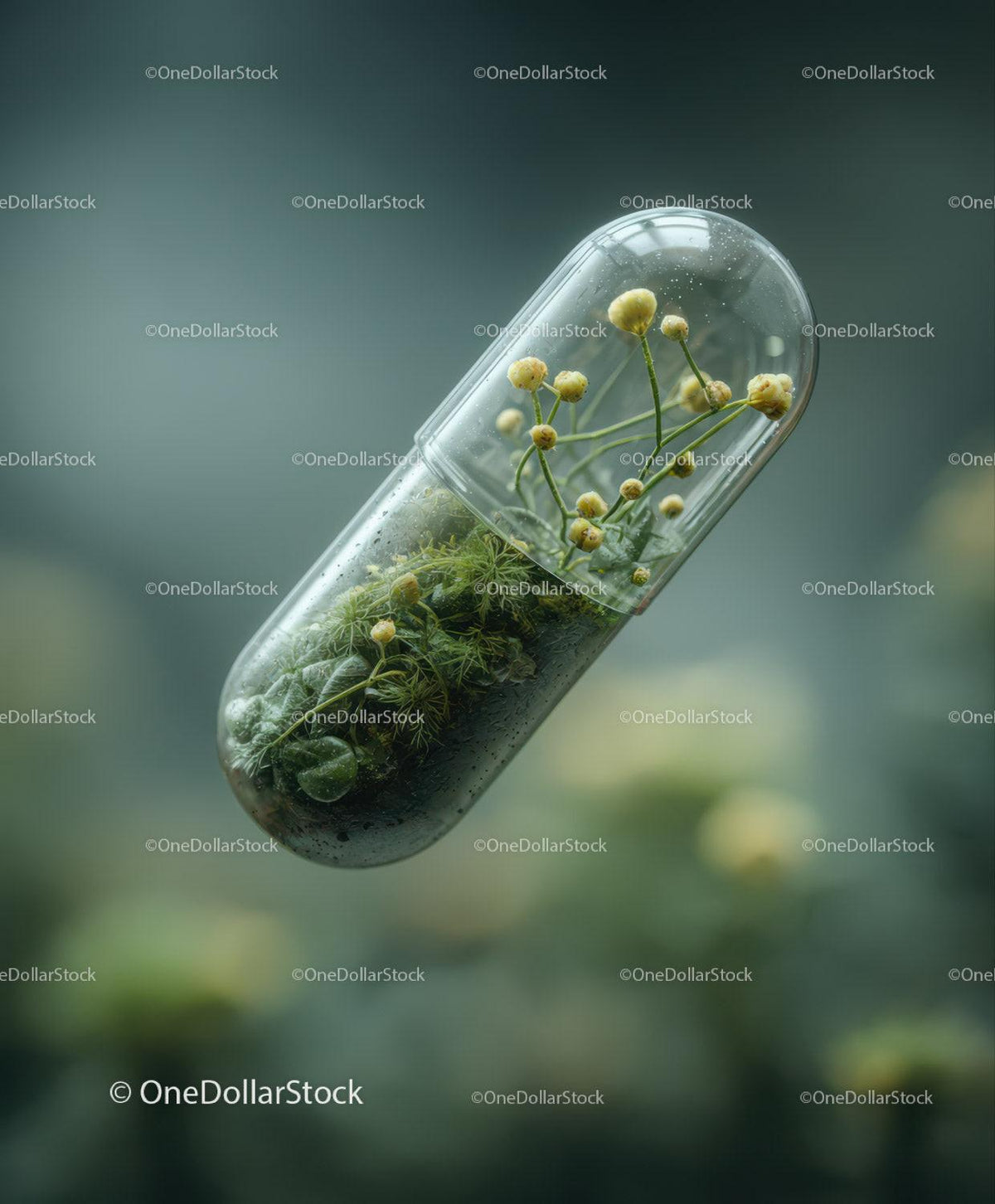Clear capsule with yellow flowers and green moss inside, floating on soft background