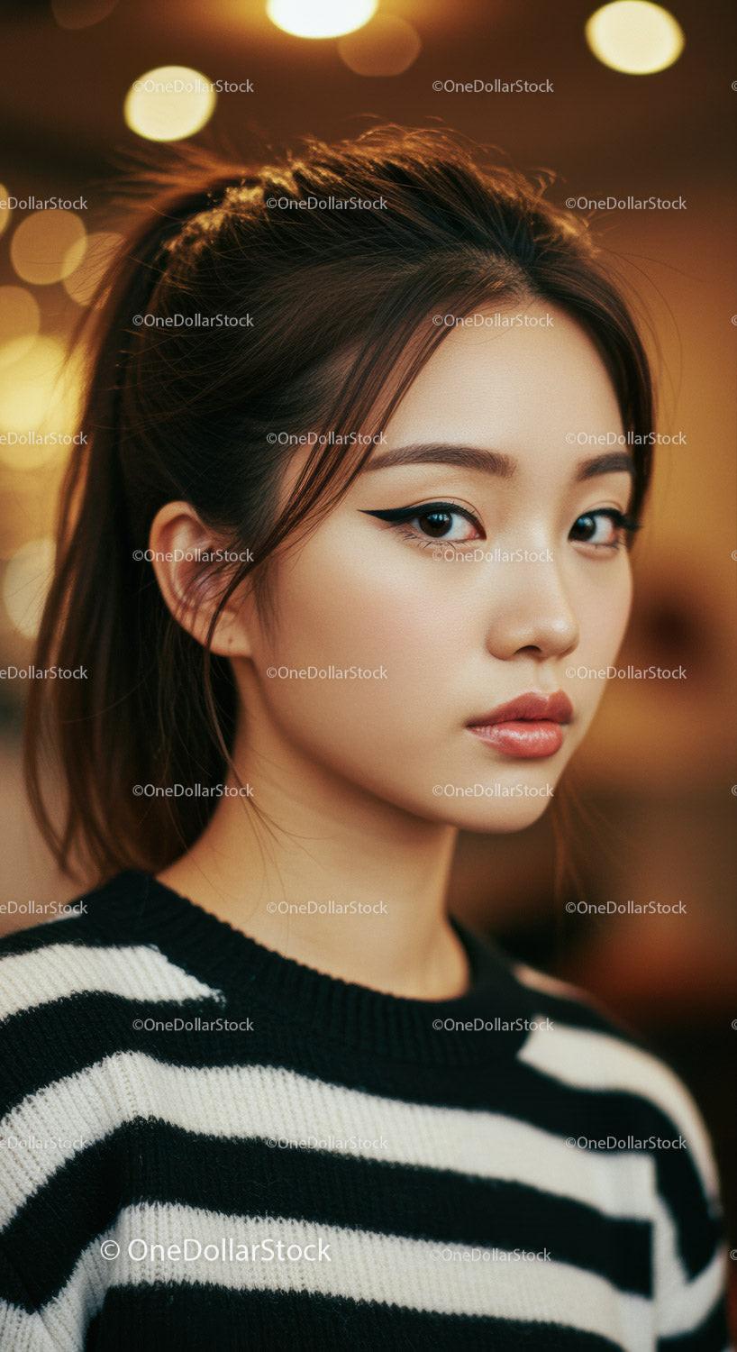 Young Woman with Makeup and Styled Hair in Urban Night Setting