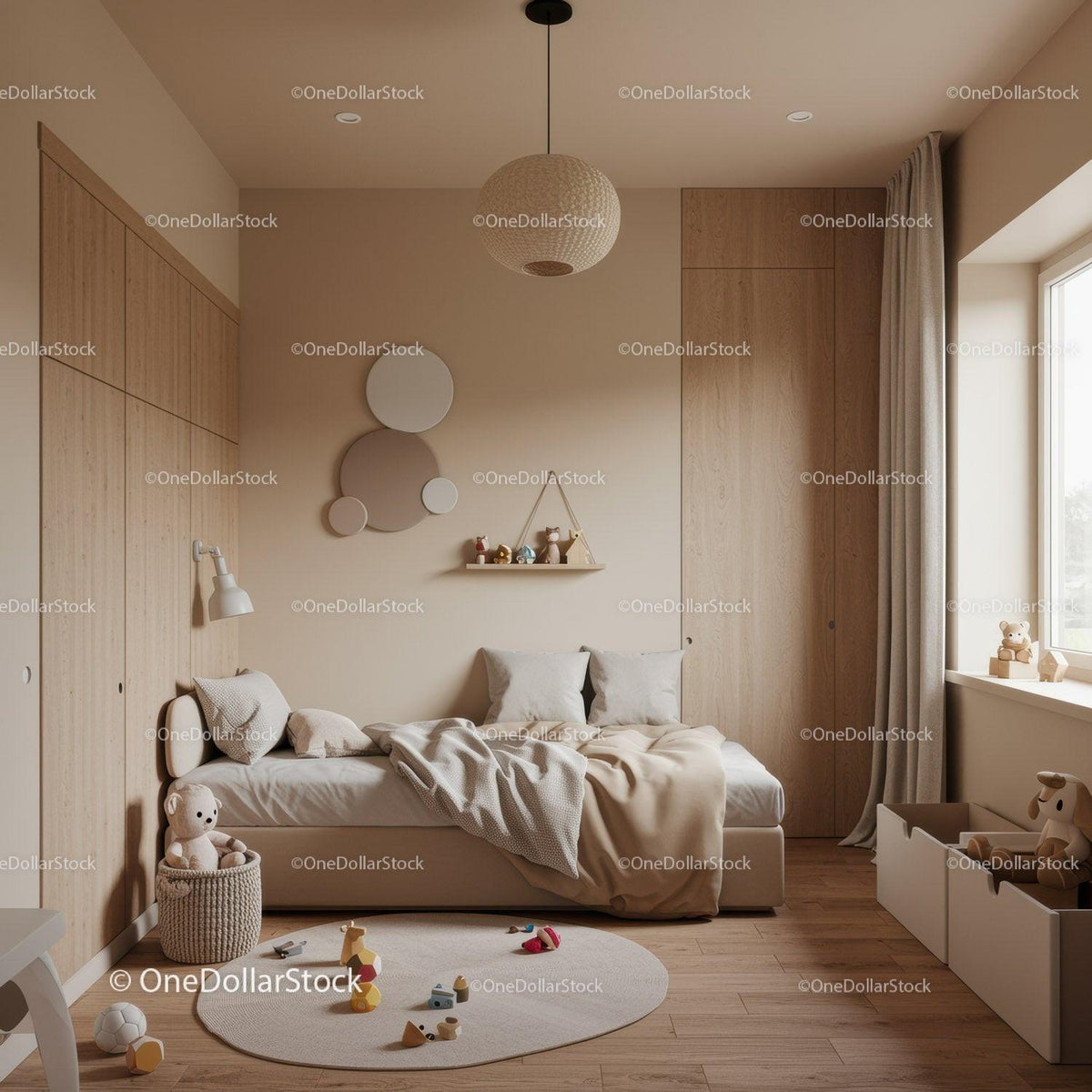 Modern Minimalist Kids Bedroom with Wooden Accents and Soft Decor