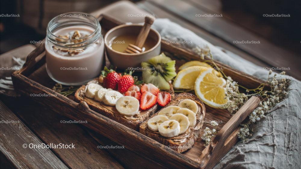 Nutritious Breakfast Tray with Toast Fresh Strawberries and Hot Chocolate Stock Photo Bundle preview 10