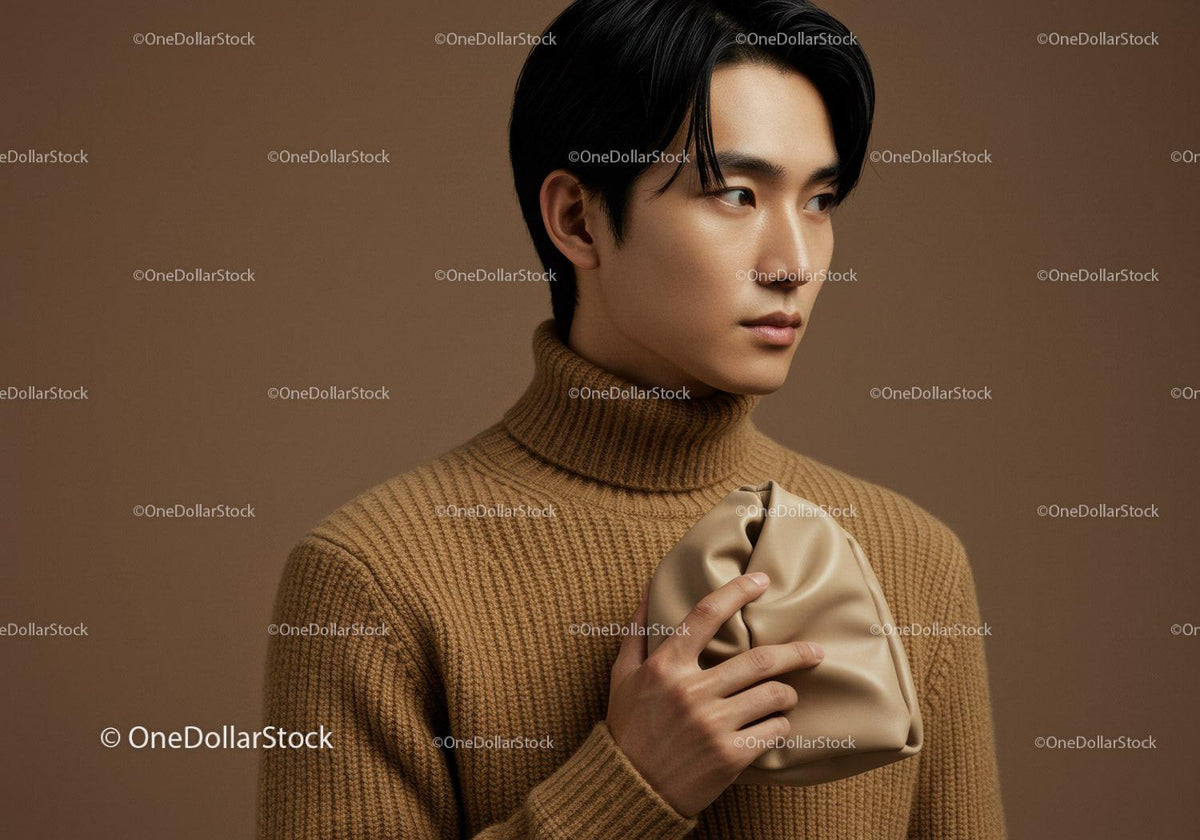 Elegant Woman in Brown Turtleneck with Beige Clutch for Fashion Portraits