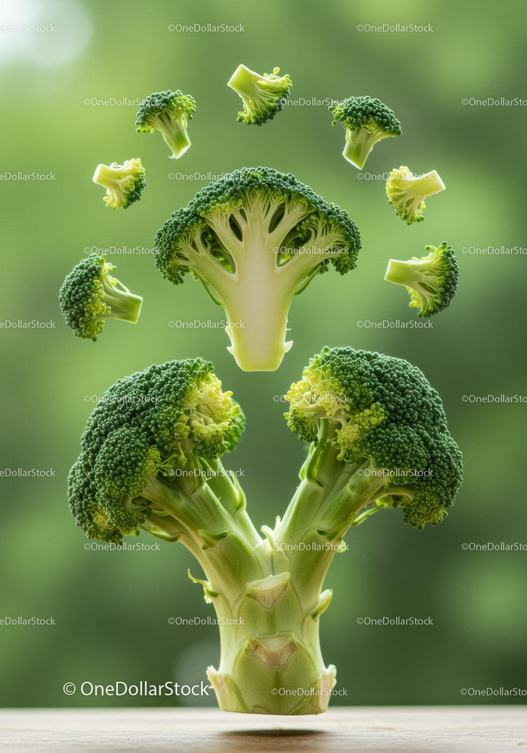 Fresh broccoli florets floating over stalk on wooden surface