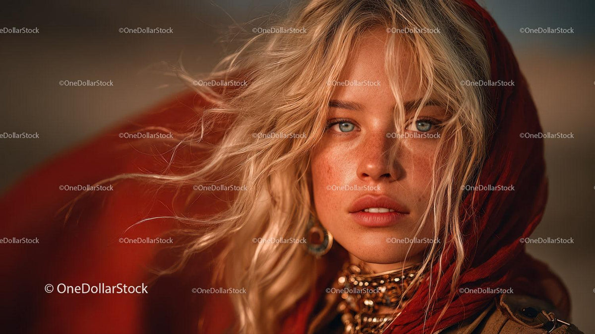 Glamorous Blonde Woman with Blue Eyes Wearing Red Scarf in Studio 28 JPG Files digital asset preview