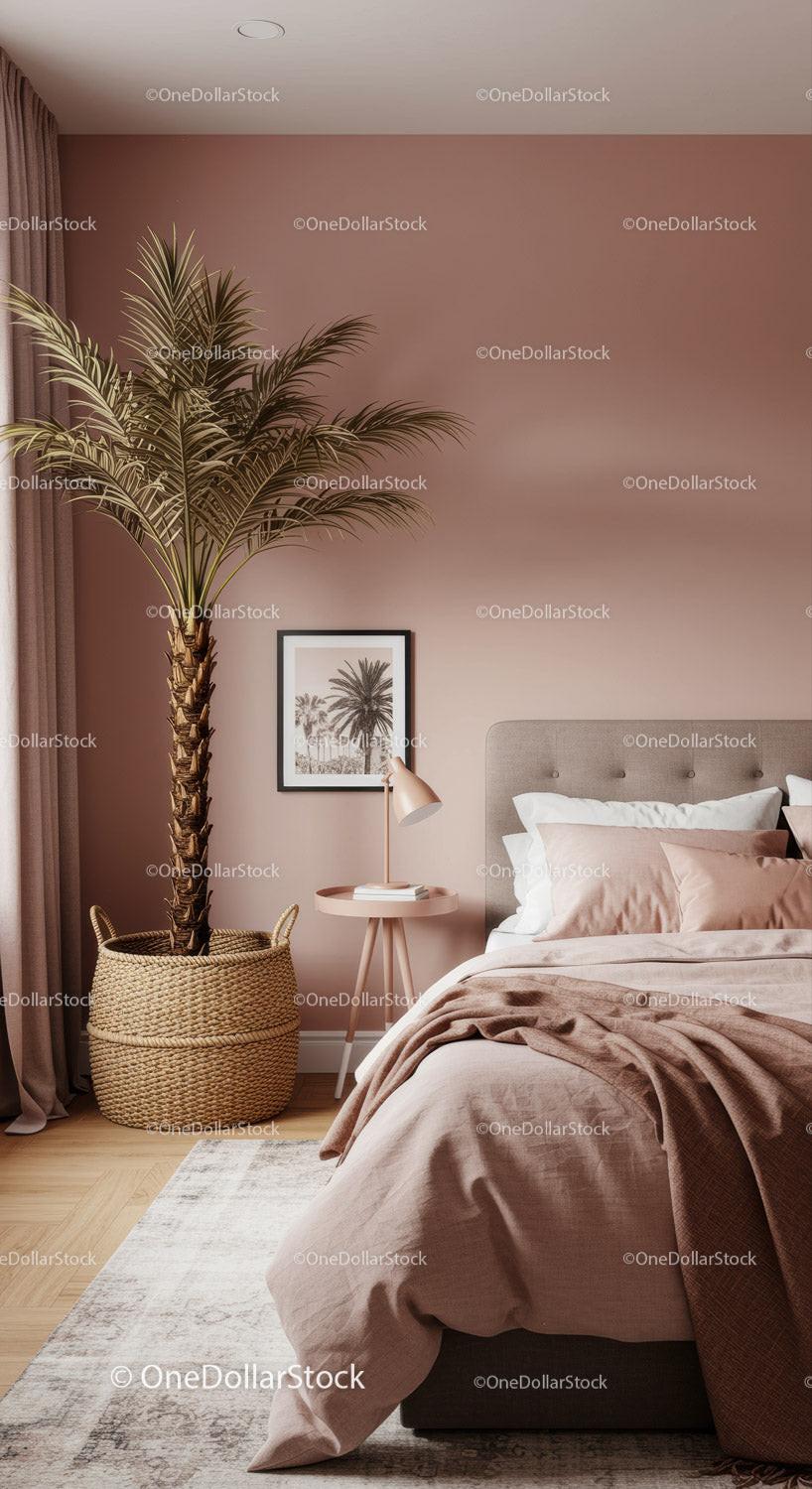 Stylish Modern Bedroom with Blush Pink Walls and Indoor Palm Plant