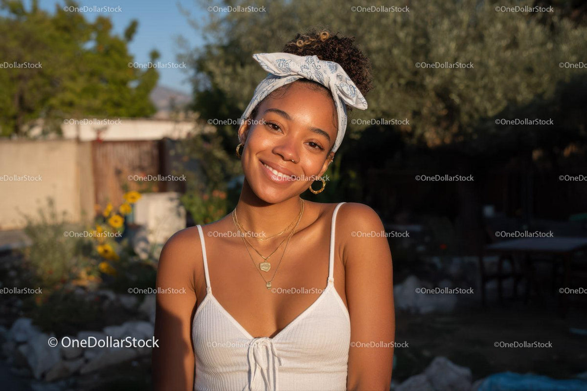 Young Woman Smiling Outdoors in Summer Casual with Jewelry