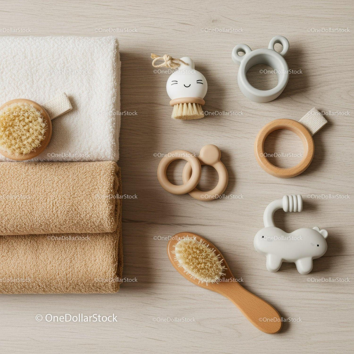 Natural baby bath accessories and soft towels layout