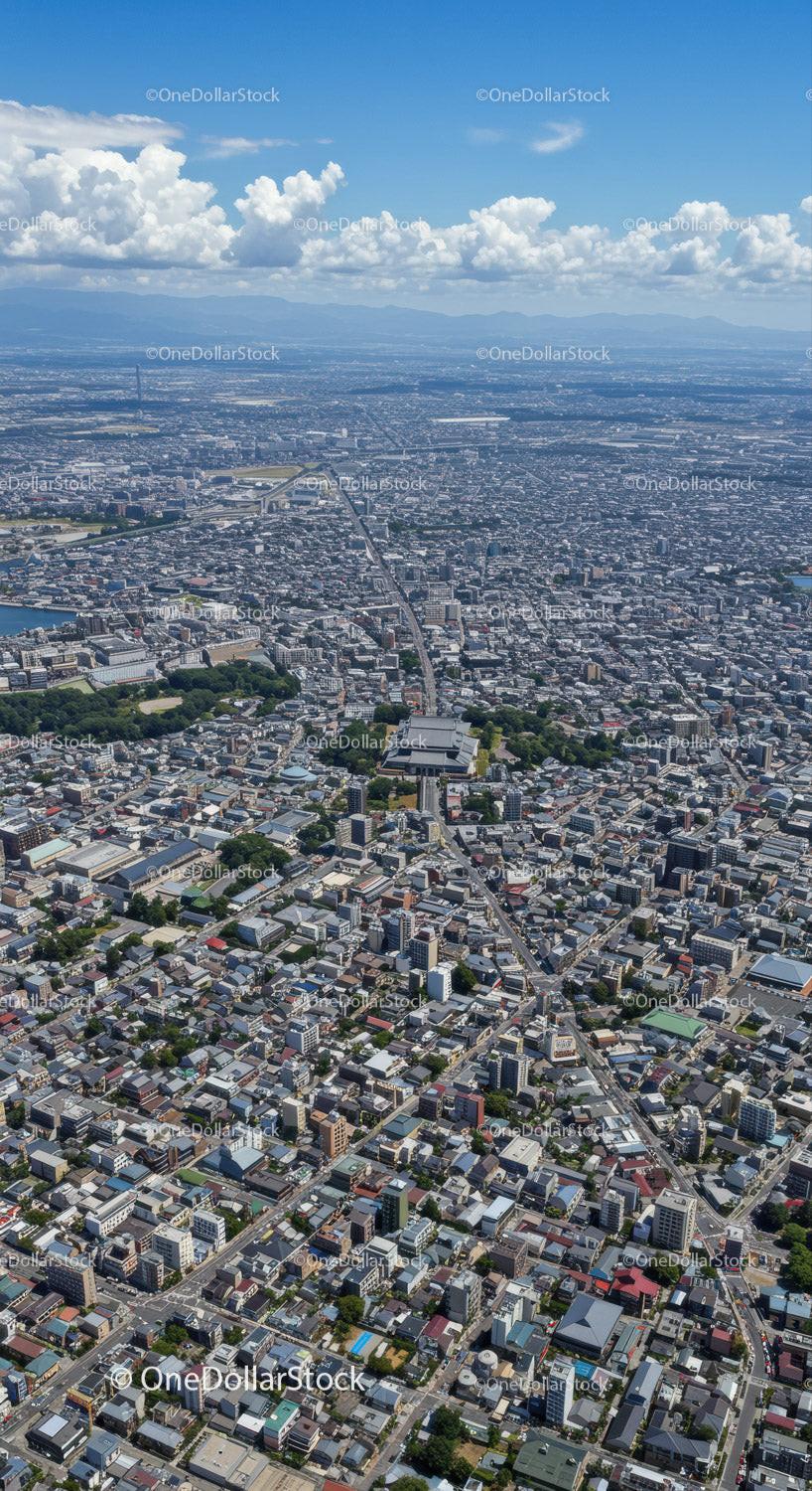 Aerial View of a Modern City with Tall Buildings and Cloudy Sky