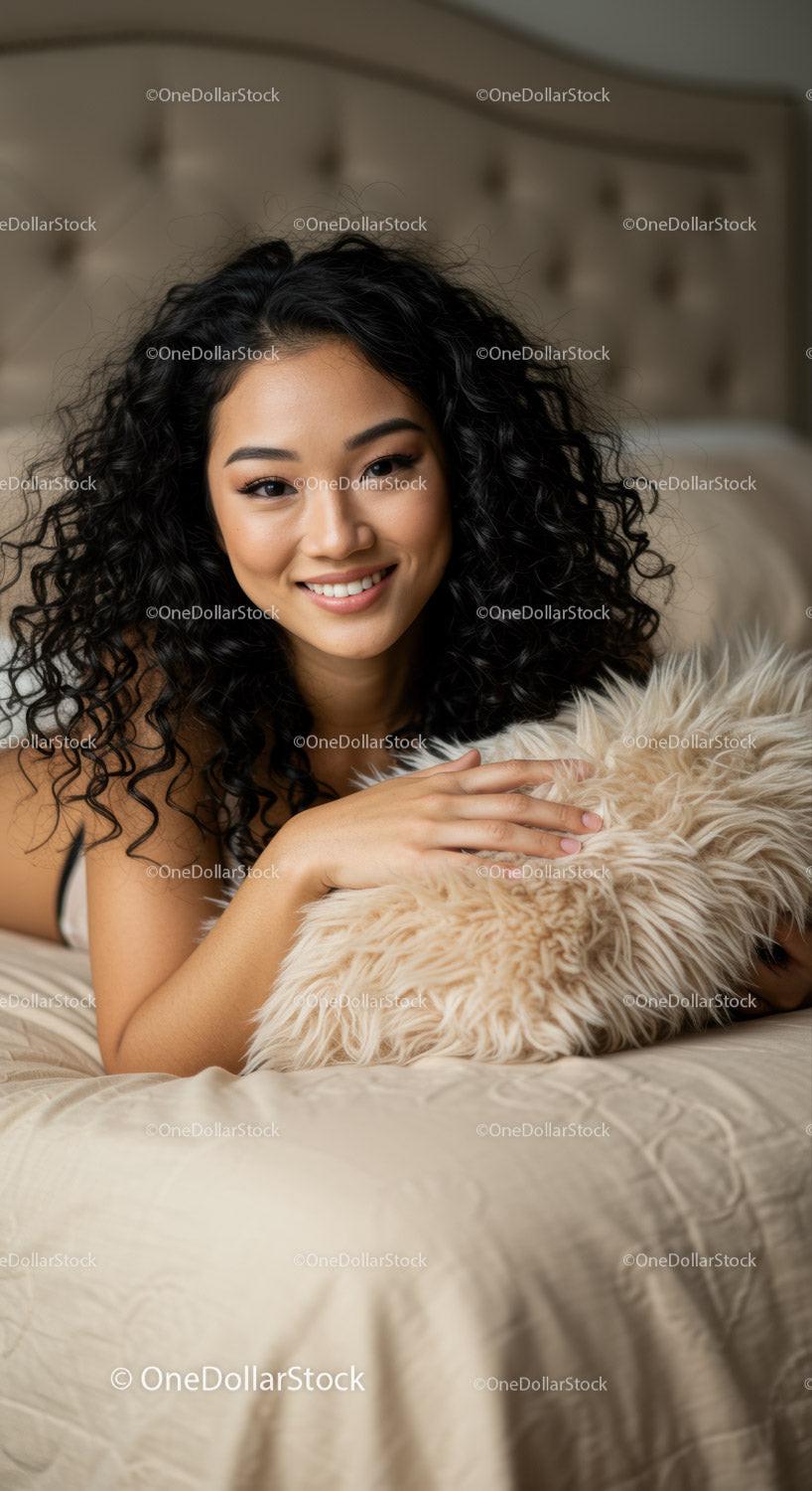 Smiling woman relaxing on bed with fluffy pillow