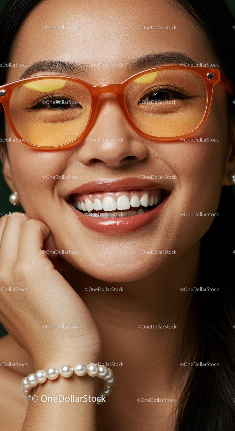 Close up of happy woman with orange glasses smiling