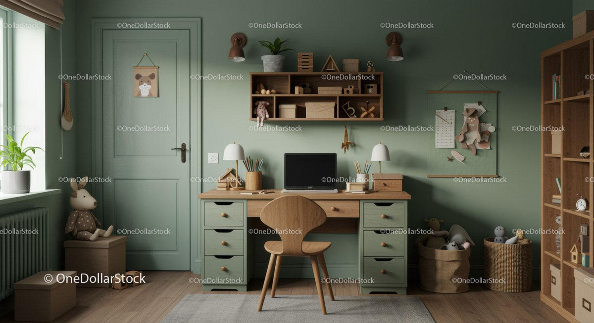 Cozy Child's Study Room with Green Walls and Wooden Furniture