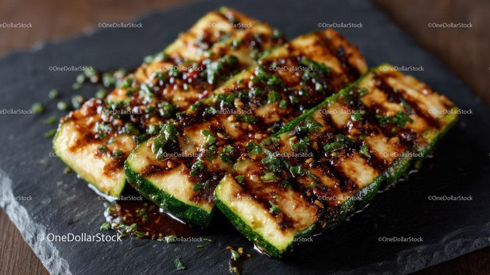 stock photo bundle made with Grilled Zucchini Slices on Black Slate Plate with Char Marks Stock Photo Bundle