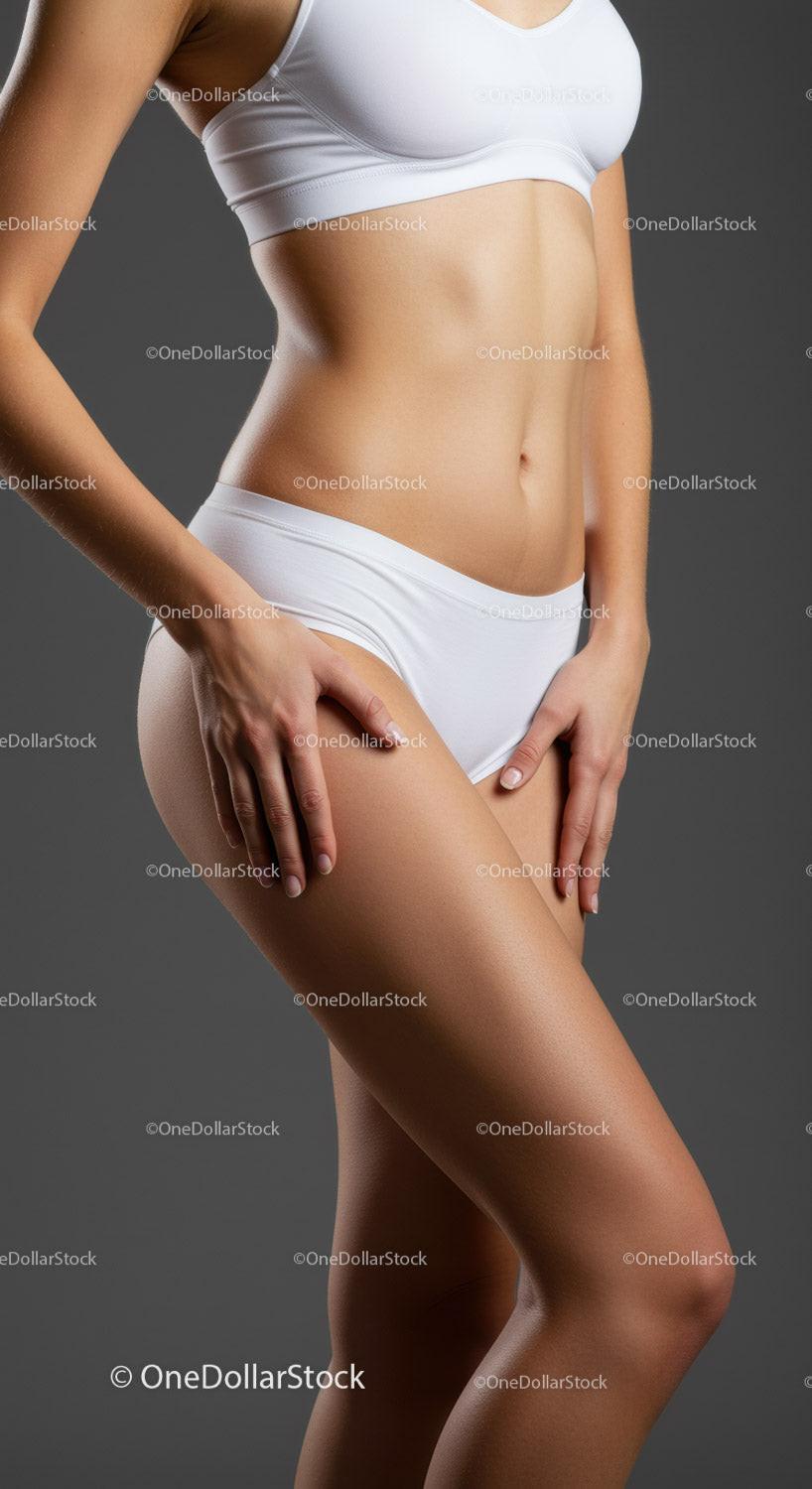 Slim Woman Toned Abs in White Sports Bra and Underwear