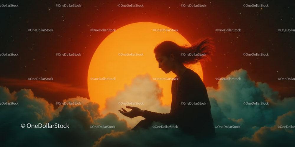 Silhouette of person meditating in front of large glowing sun with clouds