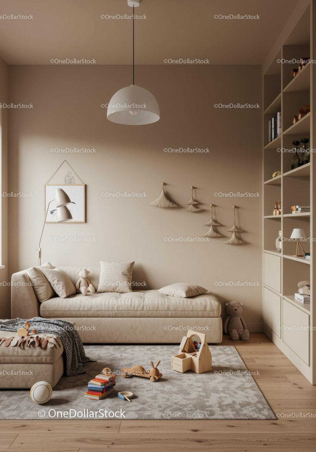 Calm and Cozy Kids Bedroom with Beige Sofa and Playful Toys