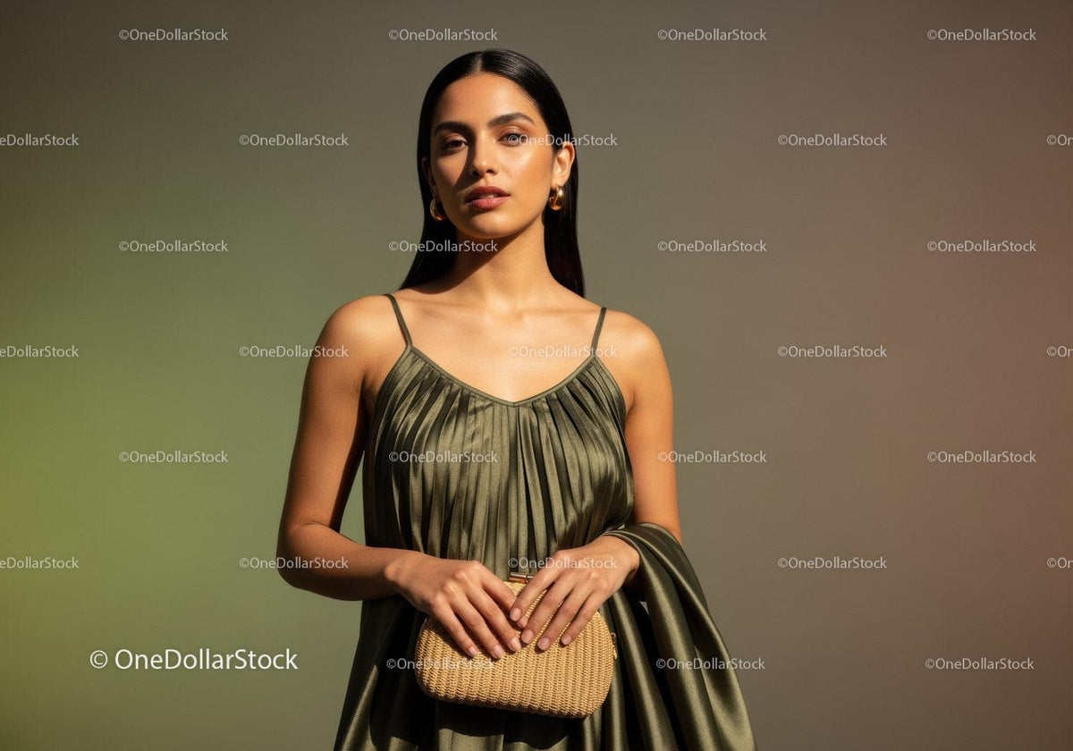 Elegant Fashion Portrait of a Woman in Stylish Dress with Gold Jewelry