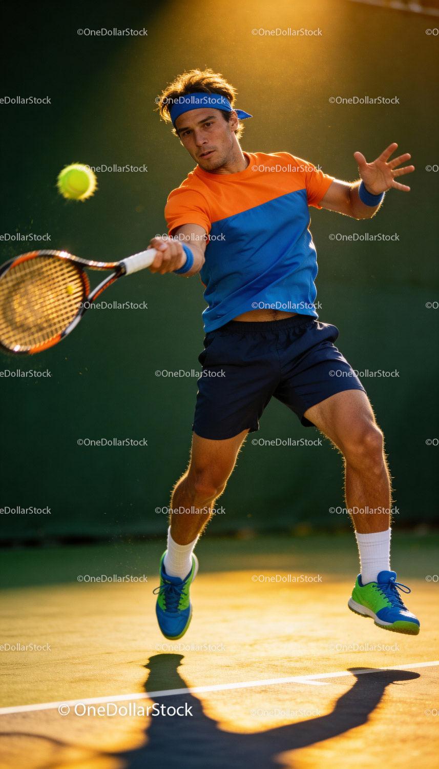 Determined Tennis Player Leaping to Hit Forehand Shot