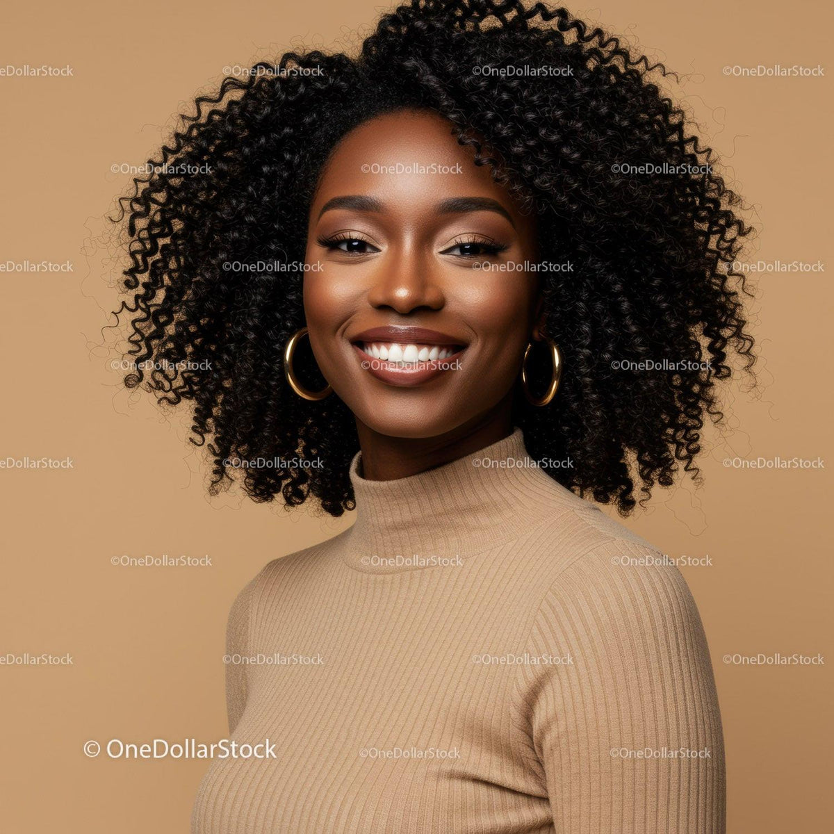 Elegant Black Woman with Curly Hair Smiling in Beige Turtleneck