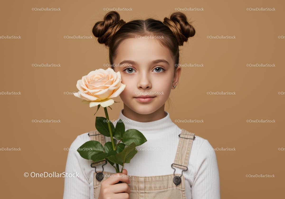 Young Girl Holding Pink Rose in Studio Portrait with Beige Background