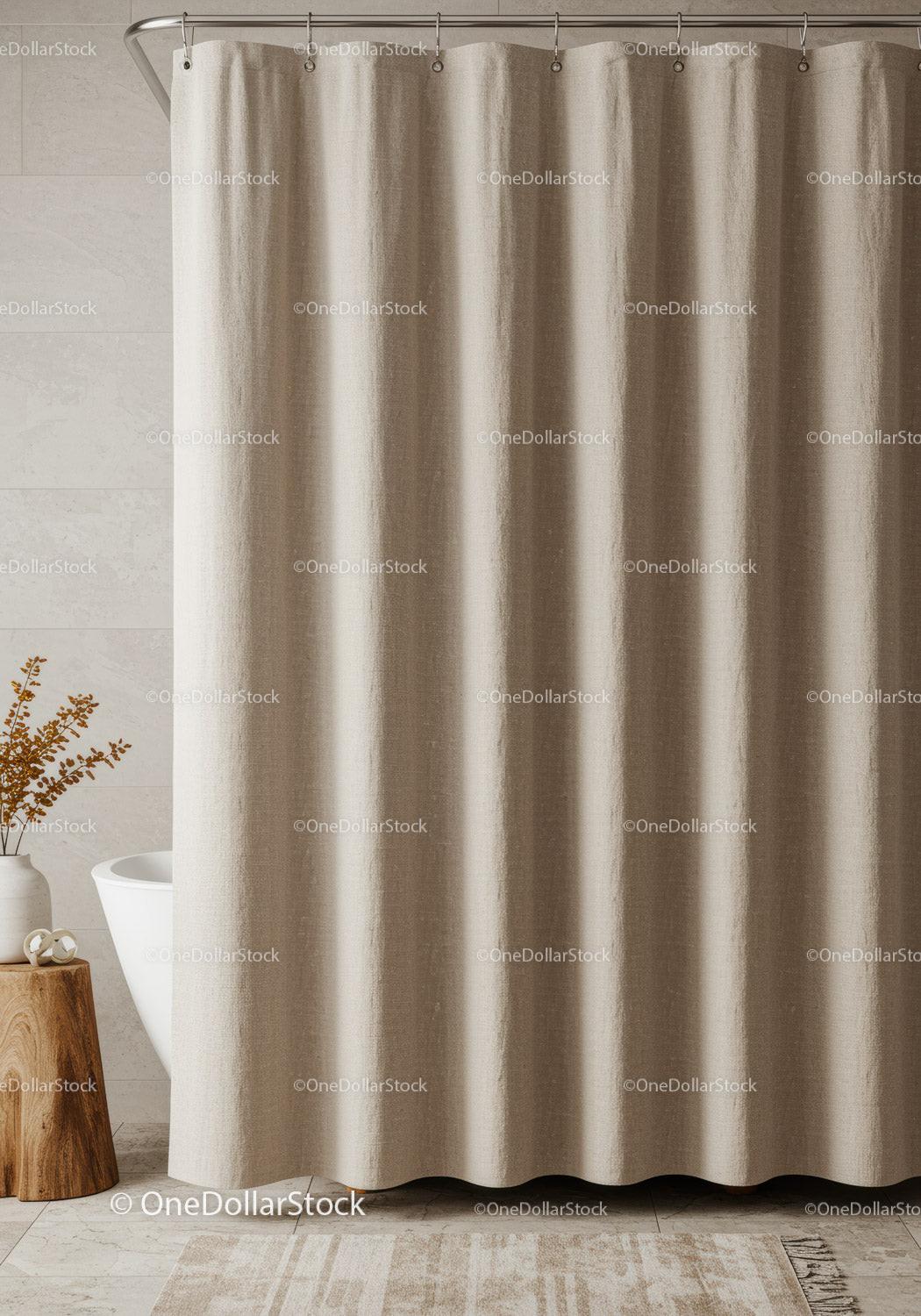 Beige Fabric Shower Curtain in Modern Bathroom with Minimalist Decor