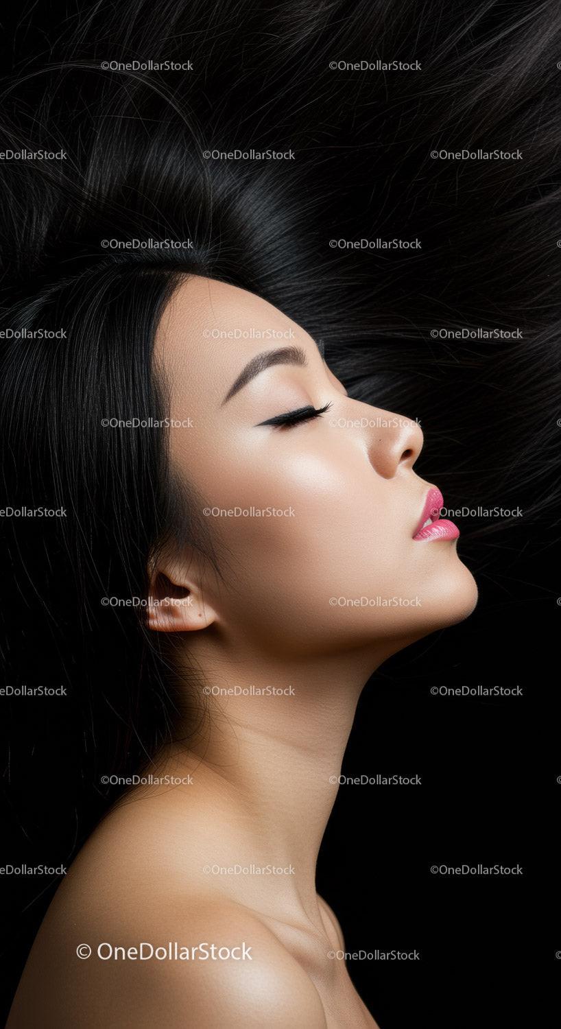 Profile of serene woman with flowing black hair