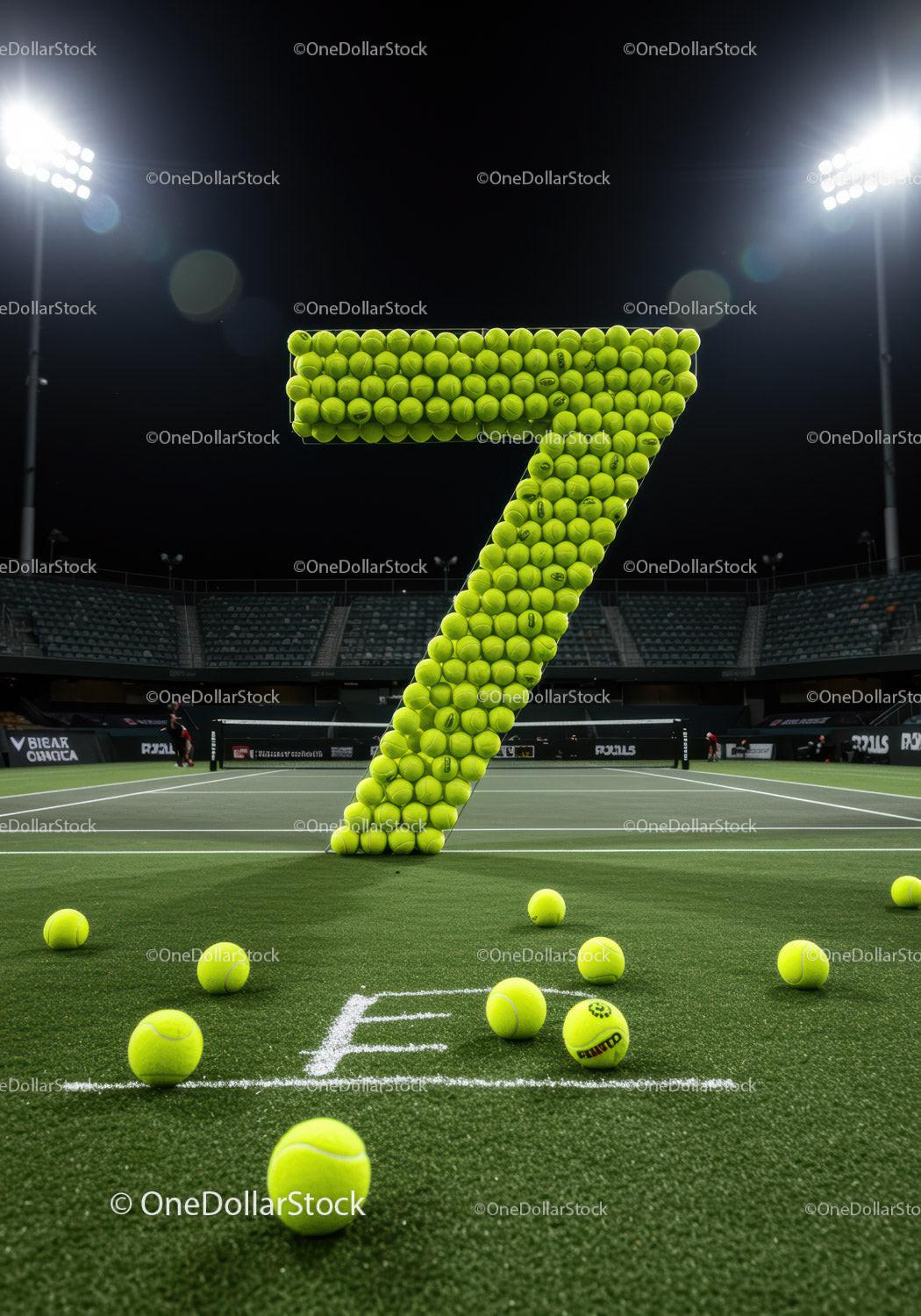 Number seven formed with tennis balls on court at night