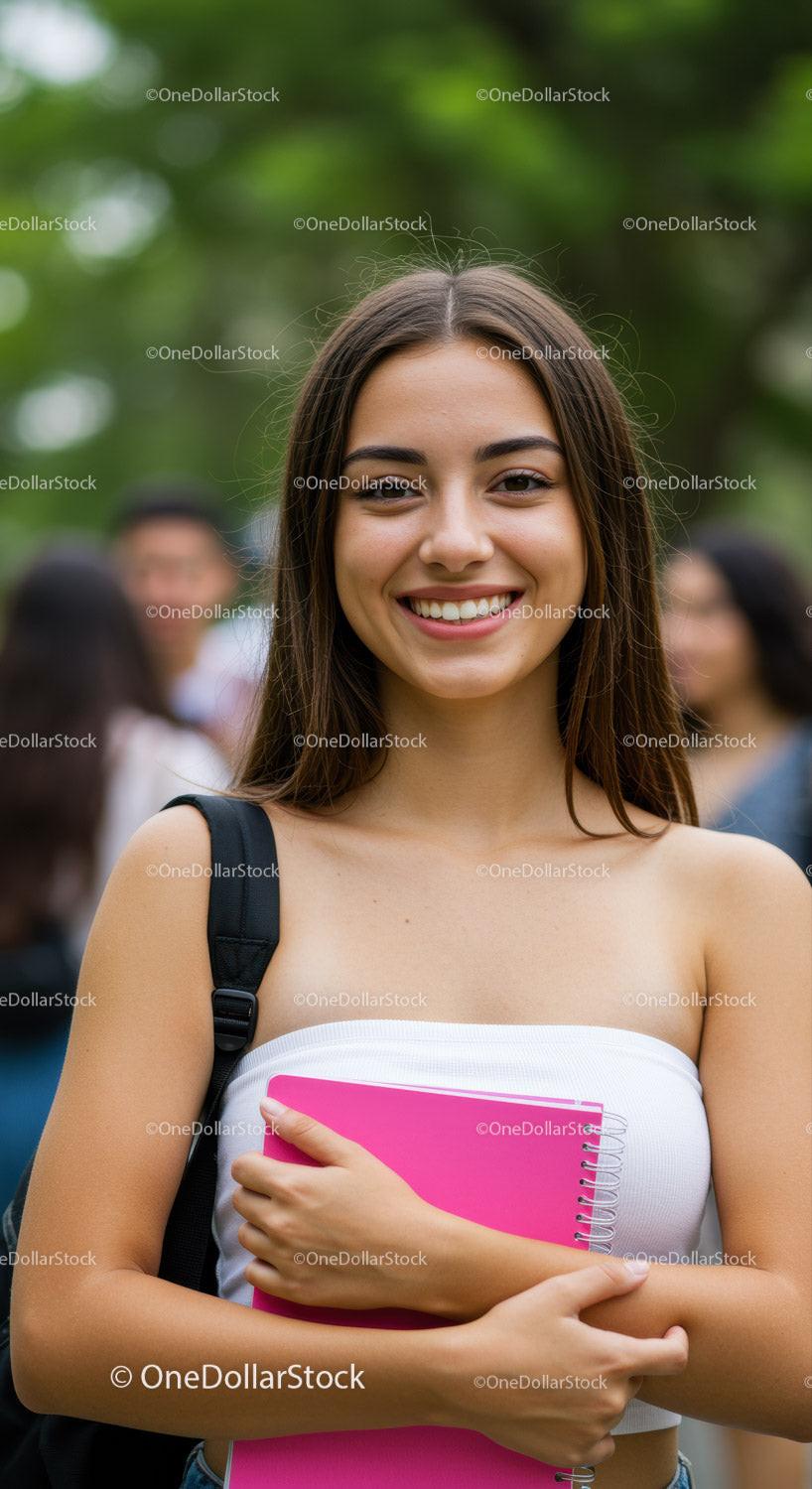 Young Woman Smiling Outdoors Holding Pink Notebook in Casual Attire