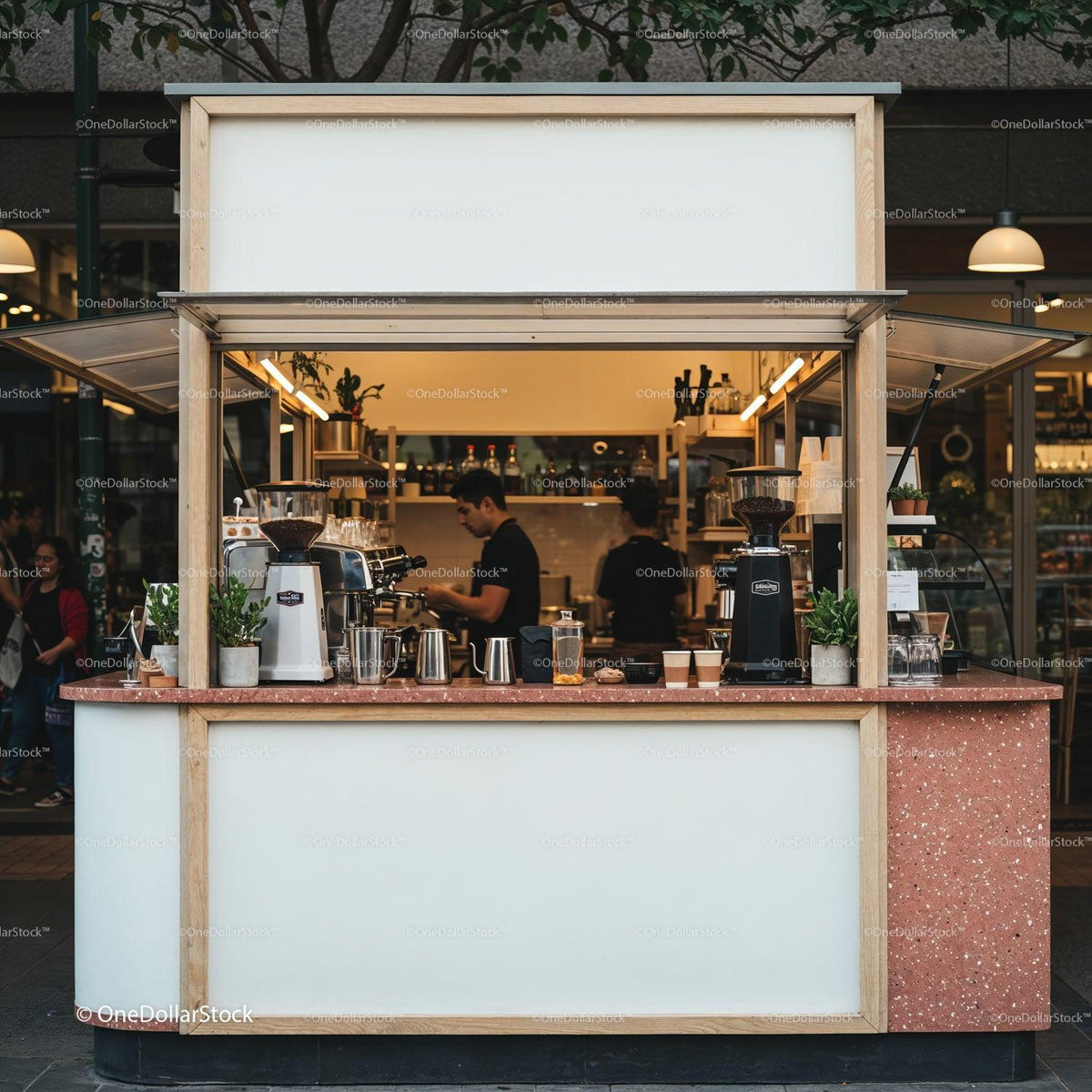 Minimalist Coffee Kiosk with Barista Preparing Drinks JPG Mockup Image preview