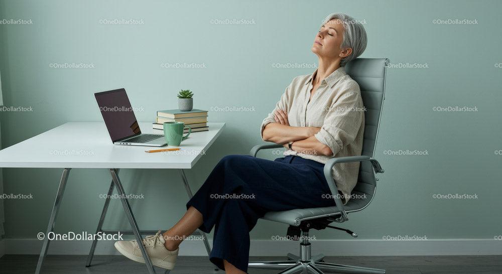 Thoughtful Woman Enjoying Peaceful Moment in Modern Office Stock Photo Bundle preview 5