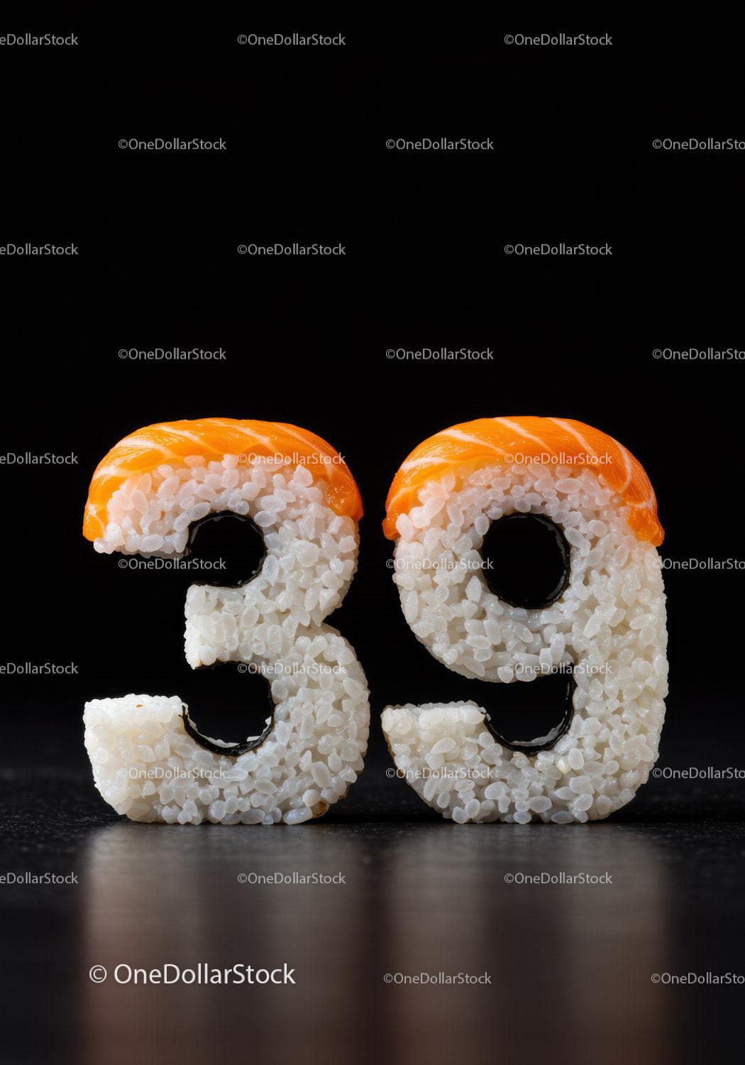 Number thirty nine made of sushi rice and salmon