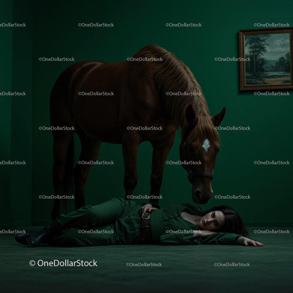 Woman Lying on Floor Beside a Horse in Dramatic Green Room Stock Photo Bundle preview 19