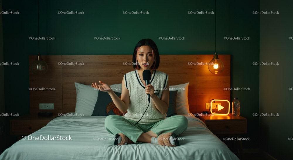 Young Woman Podcasting in a Cozy Modern Bedroom Setting 12 JPG Files digital asset preview
