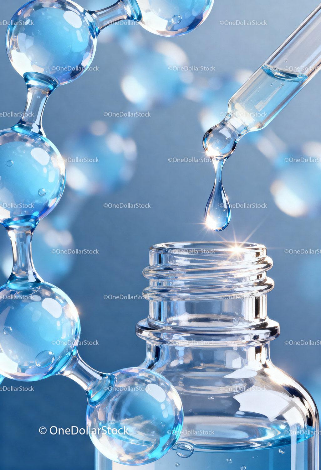 Close-up of dropper releasing serum into glass bottle