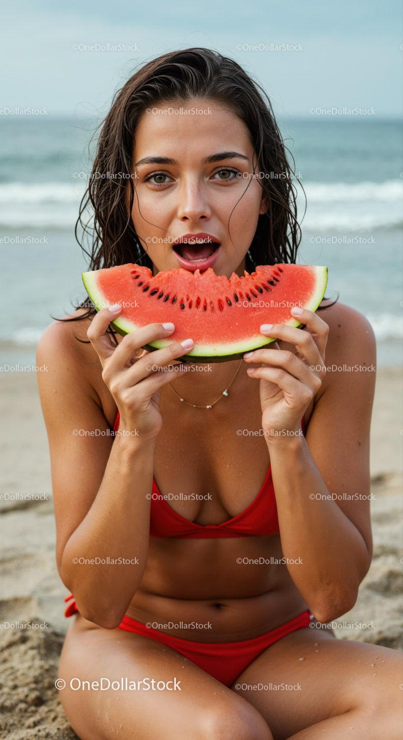 Young Woman Enjoying Watermelon at the Beach in Red Bikini Stock Photo Bundle preview 11