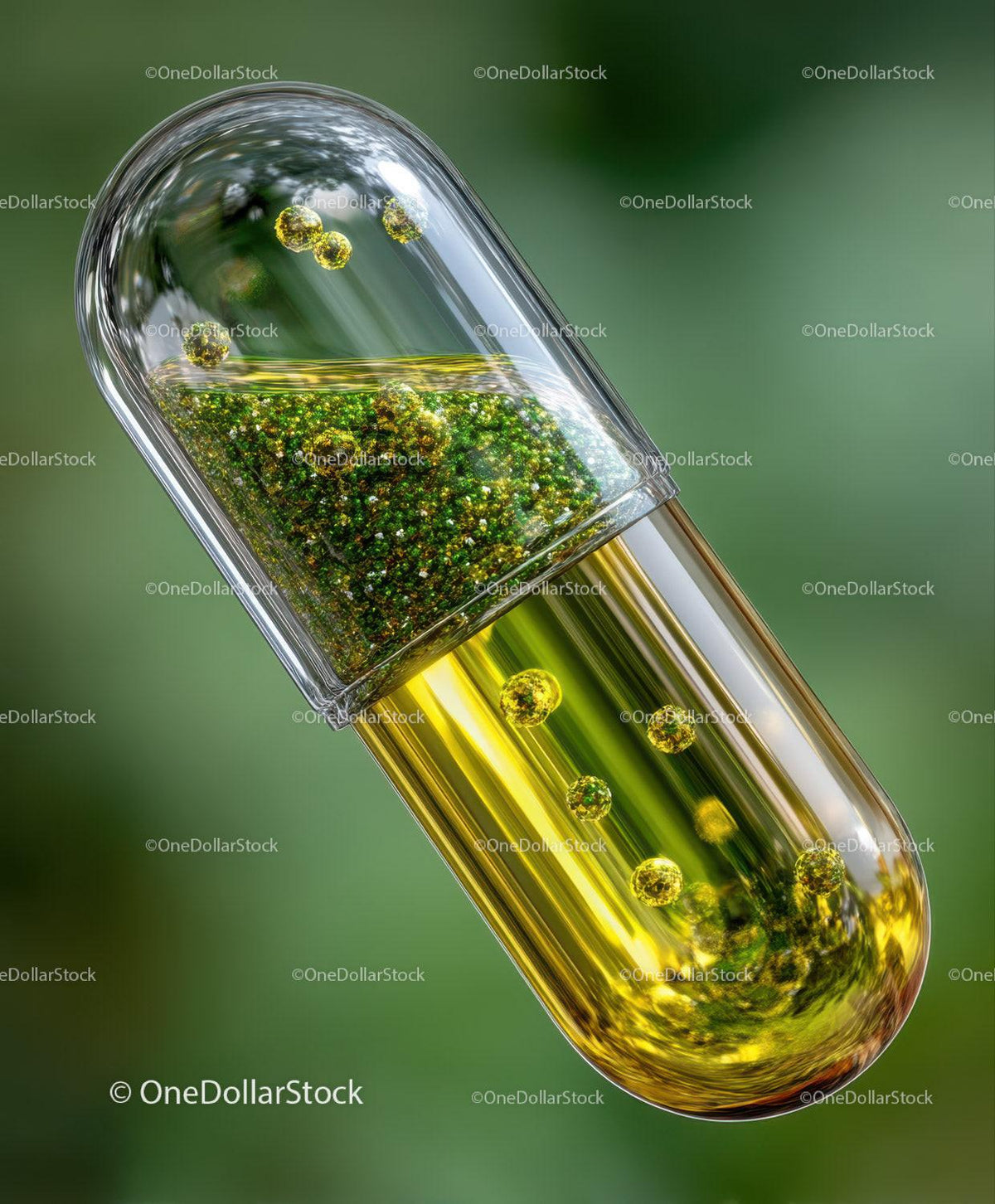 Close-up of transparent capsule filled with green granules and yellow liquid with bubbles