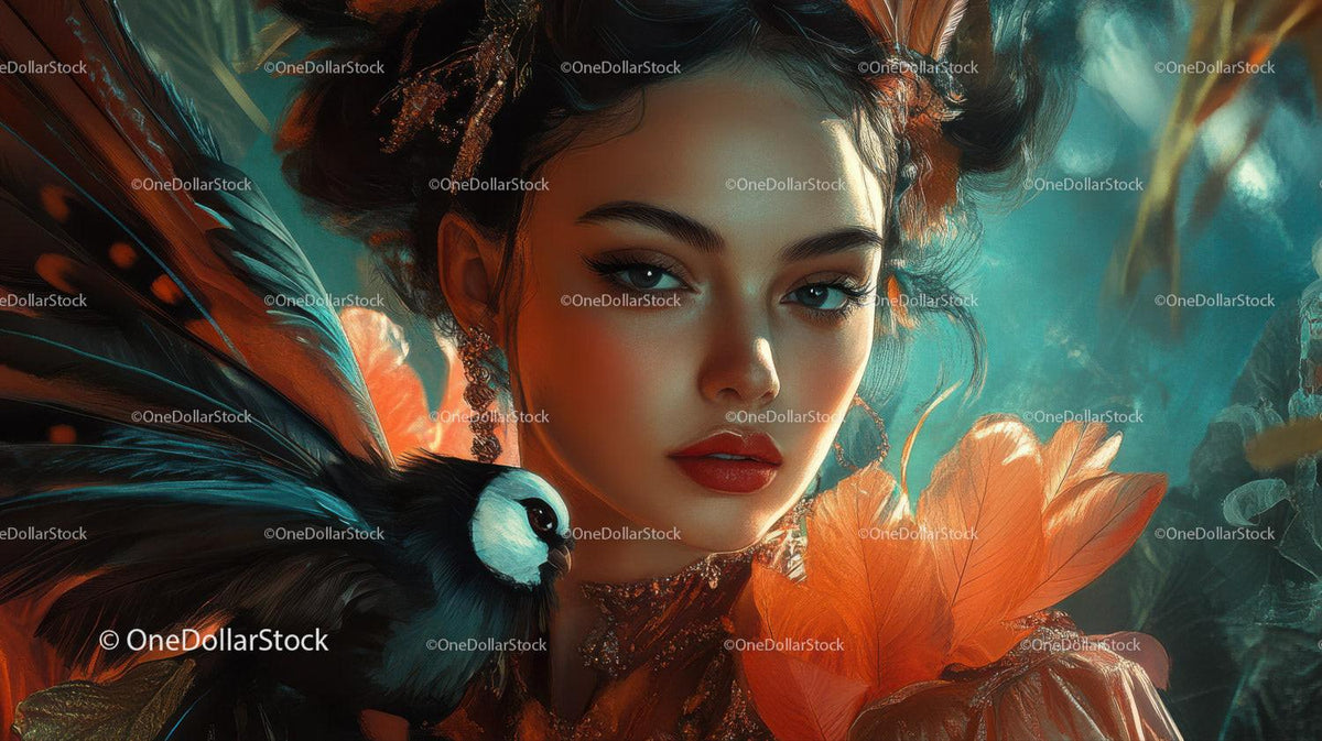 Close-up portrait of a woman with braided hair surrounded by orange flowers and a black and white bird