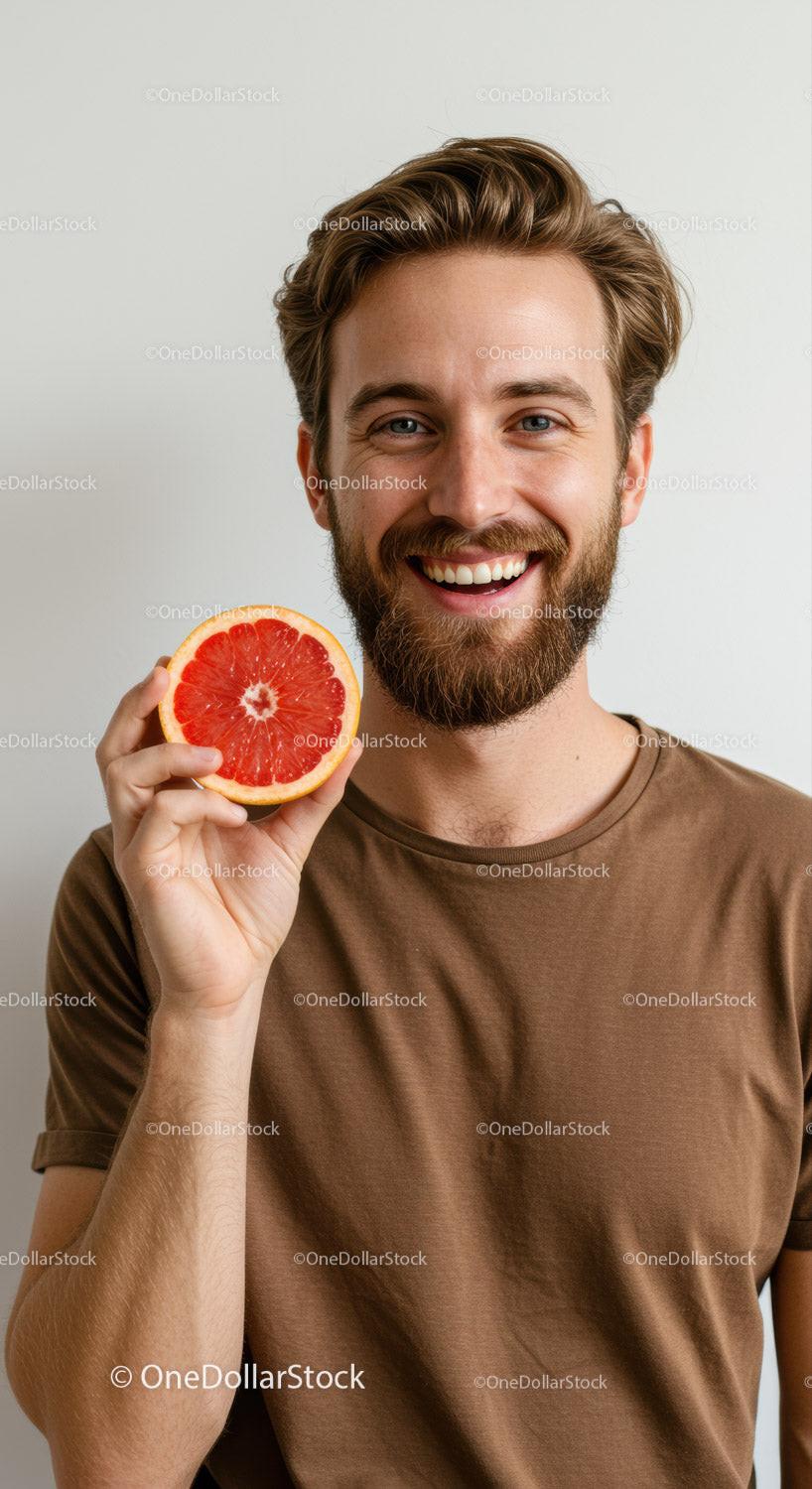Happy Young Man with Beard Holding Fresh Red Grapefruit