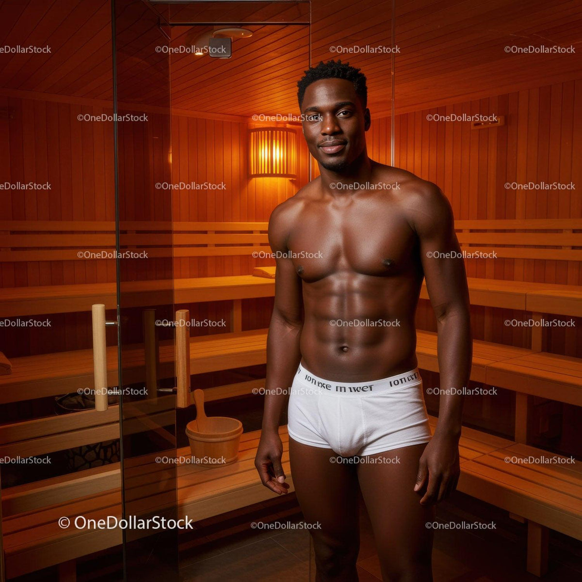 Muscular Man Standing Shirtless in Sauna Room with Wooden Interior