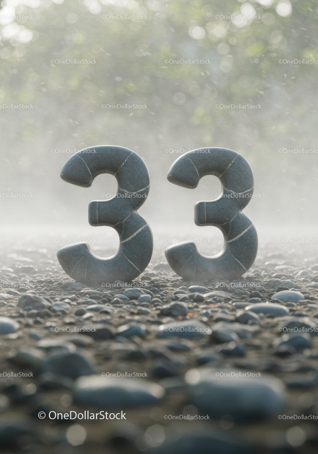 Sculpted Number Thirty Three on Pebble Surface