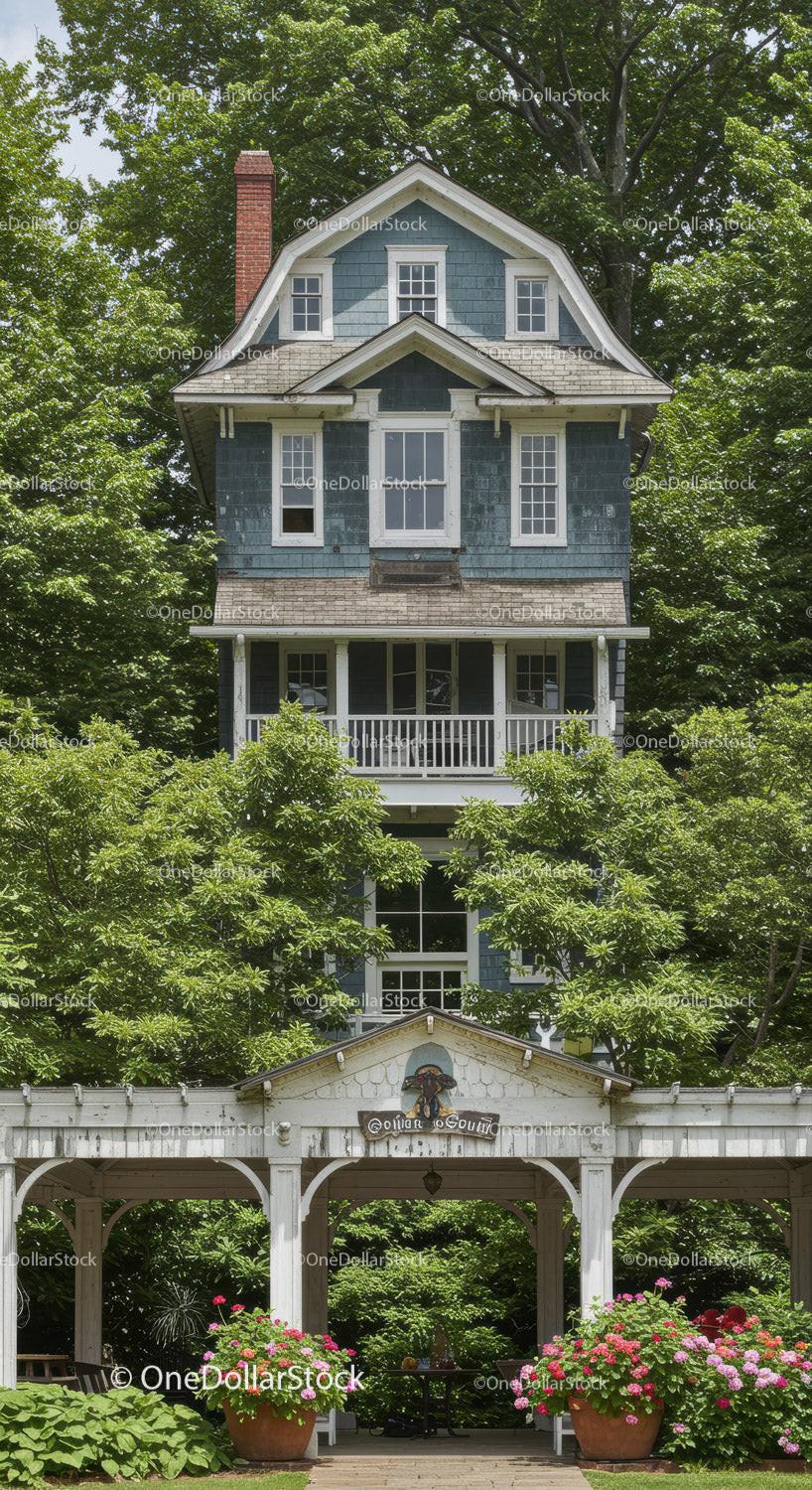 Charming vintage blue house surrounded by lush greenery