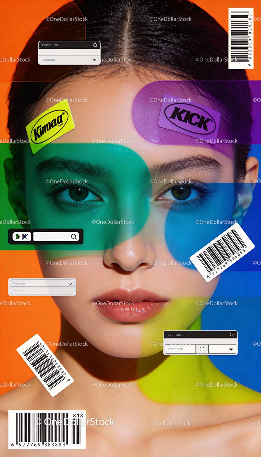 Portrait of woman with colorful overlays and graphic elements