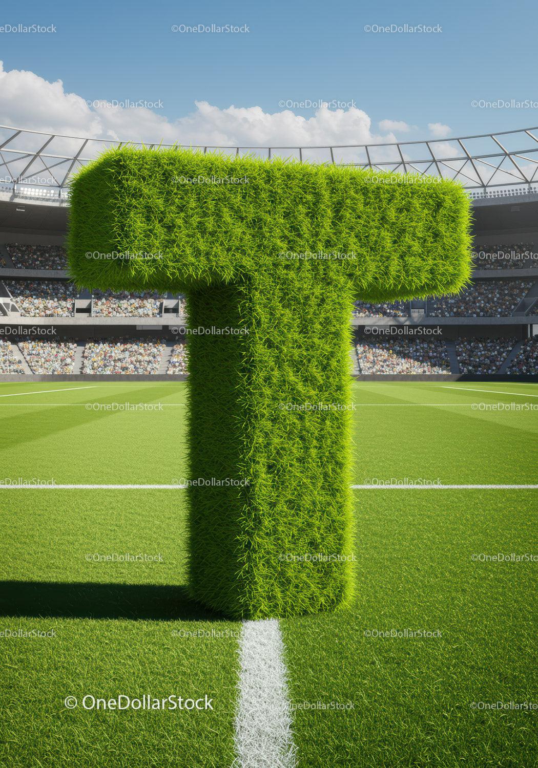Green grass letter T standing on soccer field