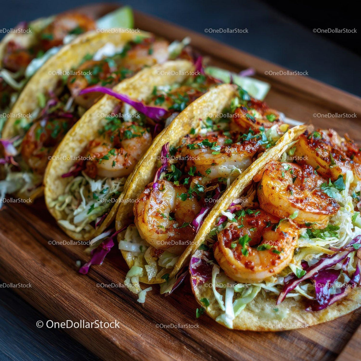Delicious Shrimp Tacos with Fresh Vegetables on Wooden Platter