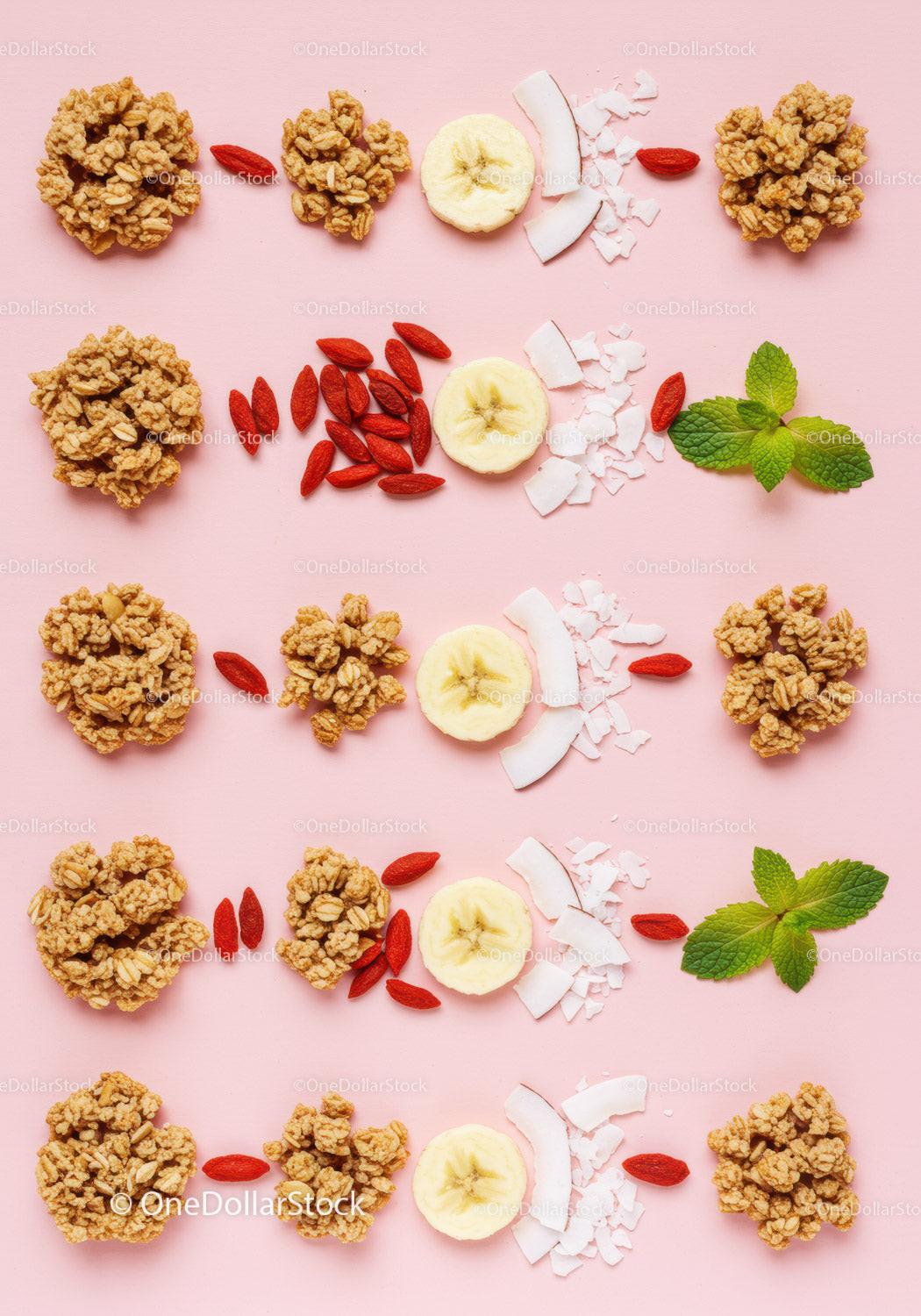 Healthy snack arrangement with granola, banana, and coconut