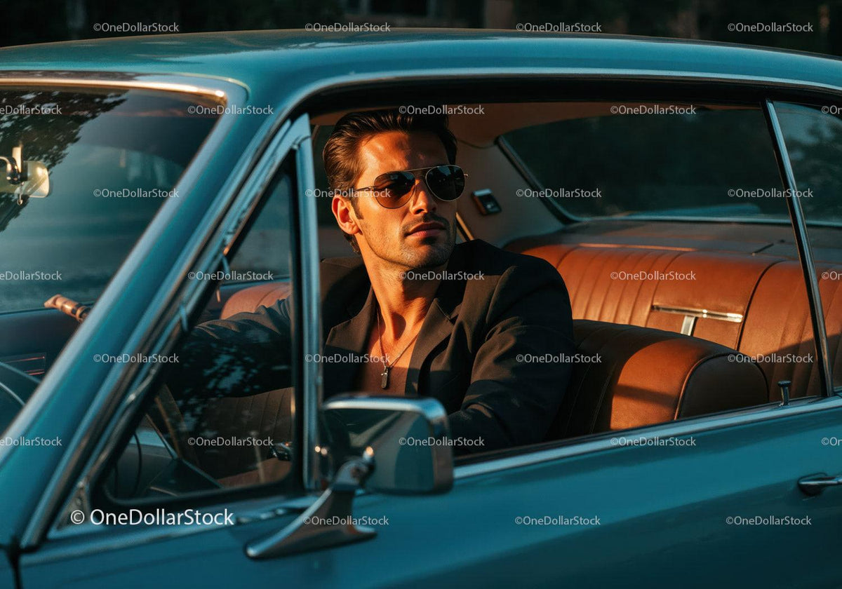 Stylish Man in Black Suit Driving Vintage Car at Sunset